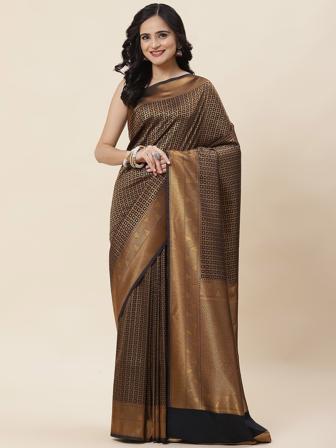 

Meena Bazaar Ethnic Motifs Woven Design Zari Saree, Black