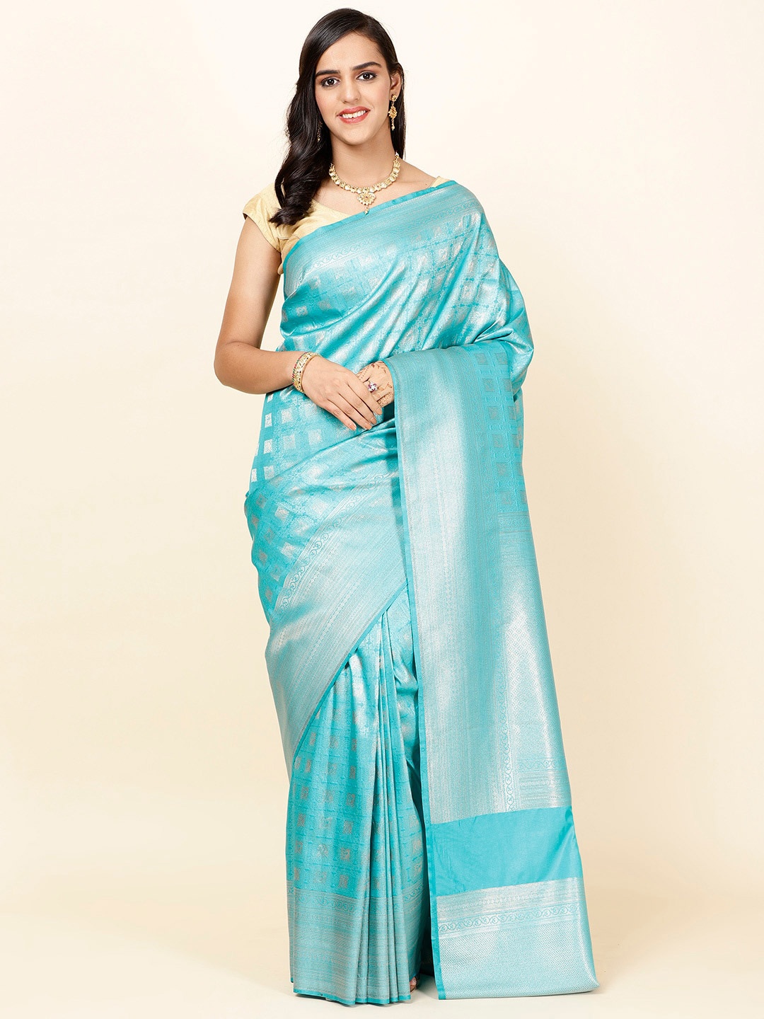 

Meena Bazaar Ethnic Motifs Woven Design Zari Saree, Blue