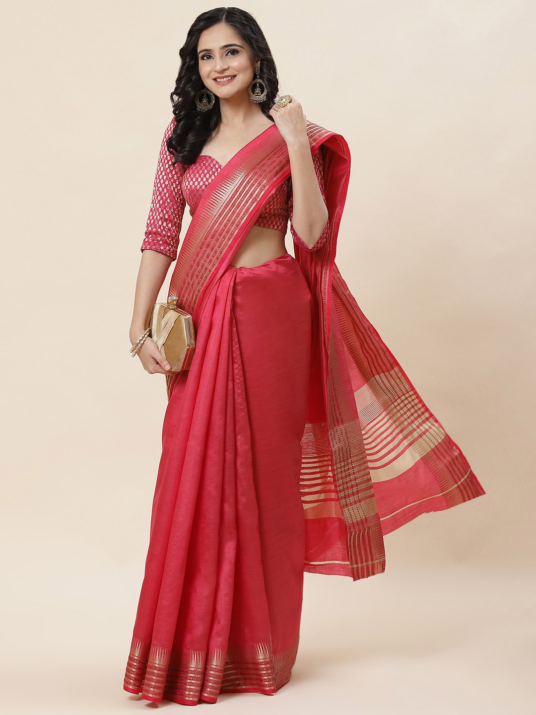 

Meena Bazaar Woven Design Zari Saree, Pink