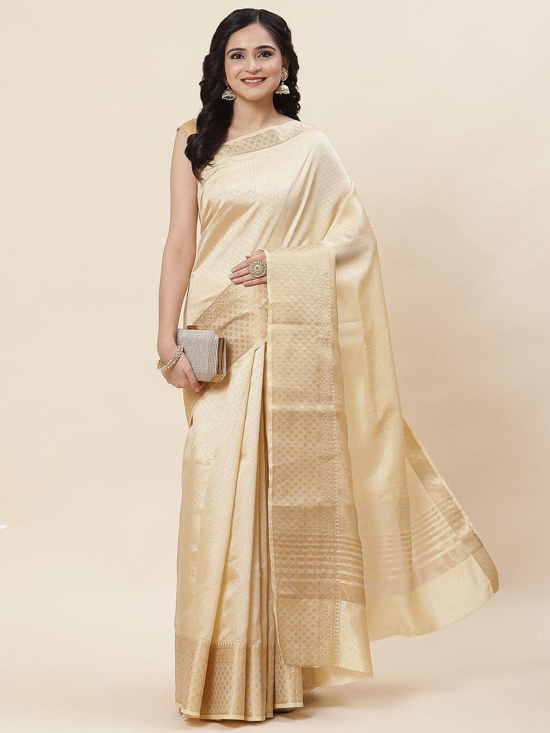 

Meena Bazaar Ethnic Motifs Woven Design Zari Saree, Beige