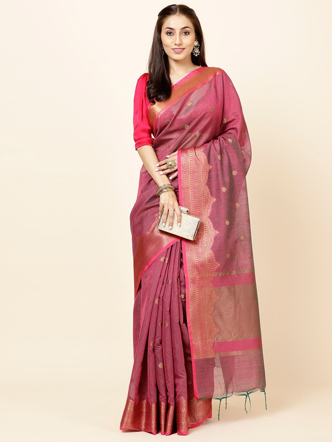 

Meena Bazaar Ethnic Motifs Woven Design Zari Saree, Magenta