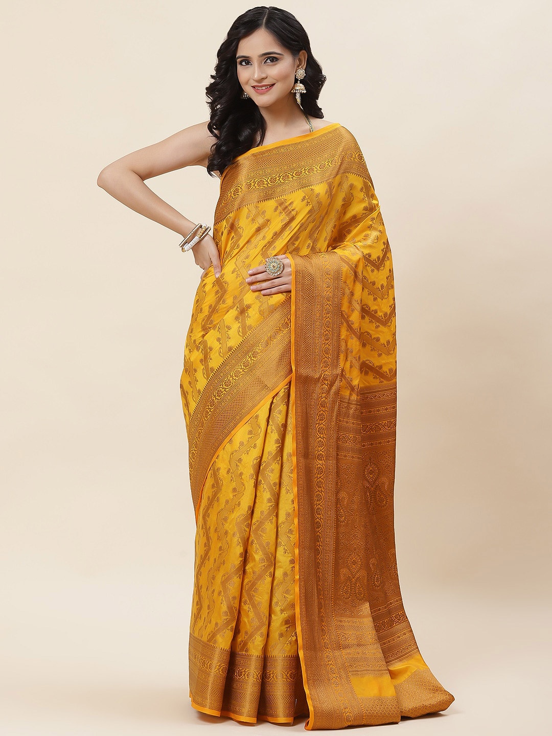 

Meena Bazaar Ethnic Motifs Woven Design Zari Saree, Mustard
