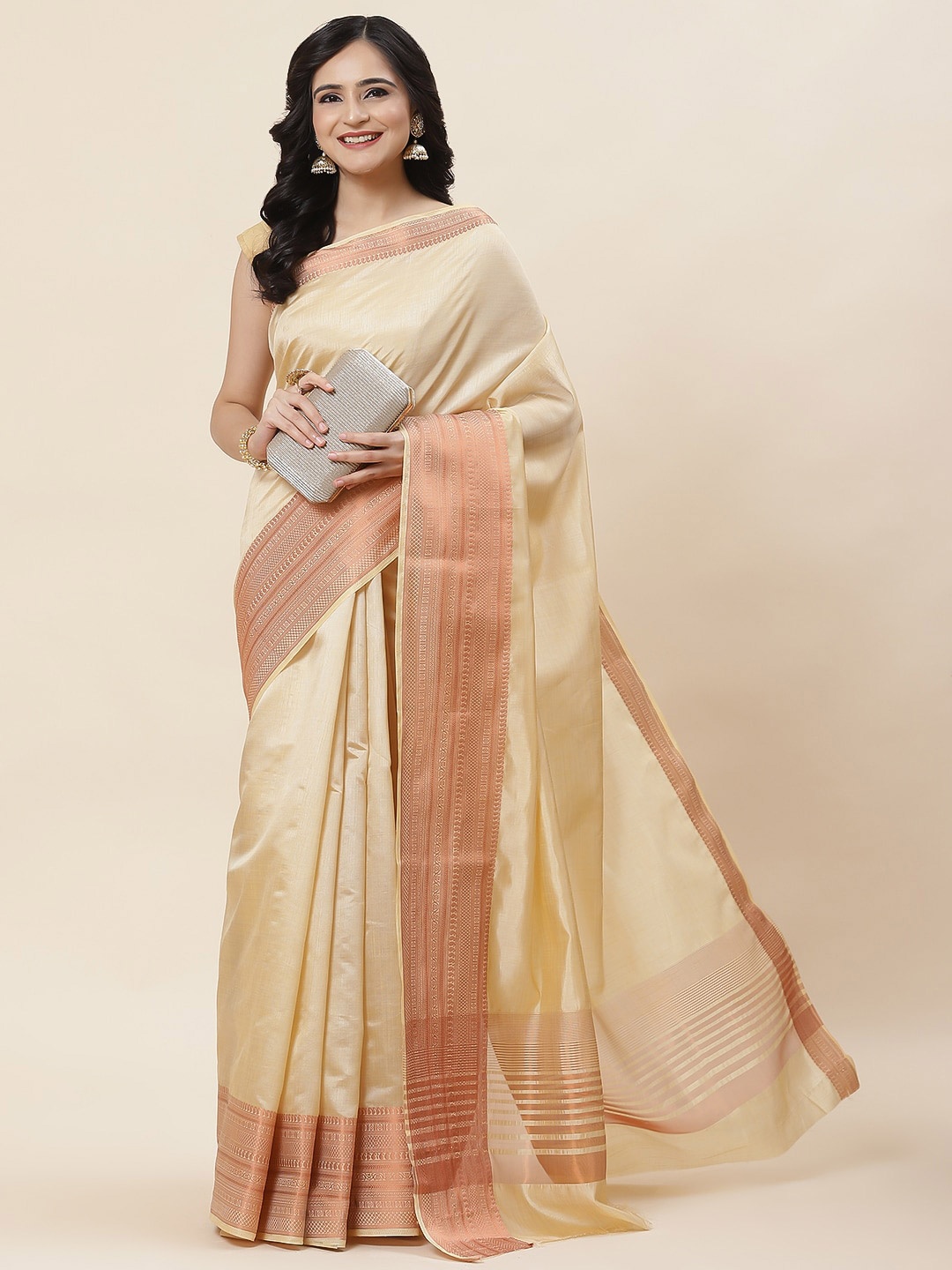 

Meena Bazaar Zari Art Silk Saree, Beige