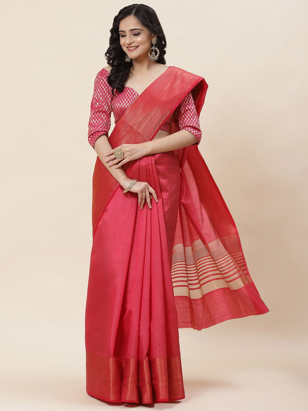 

Meena Bazaar Zari Art Silk Saree, Pink