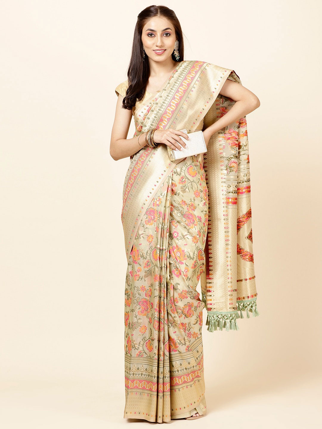 

Meena Bazaar Floral Woven Design Zari Organza Saree, Green