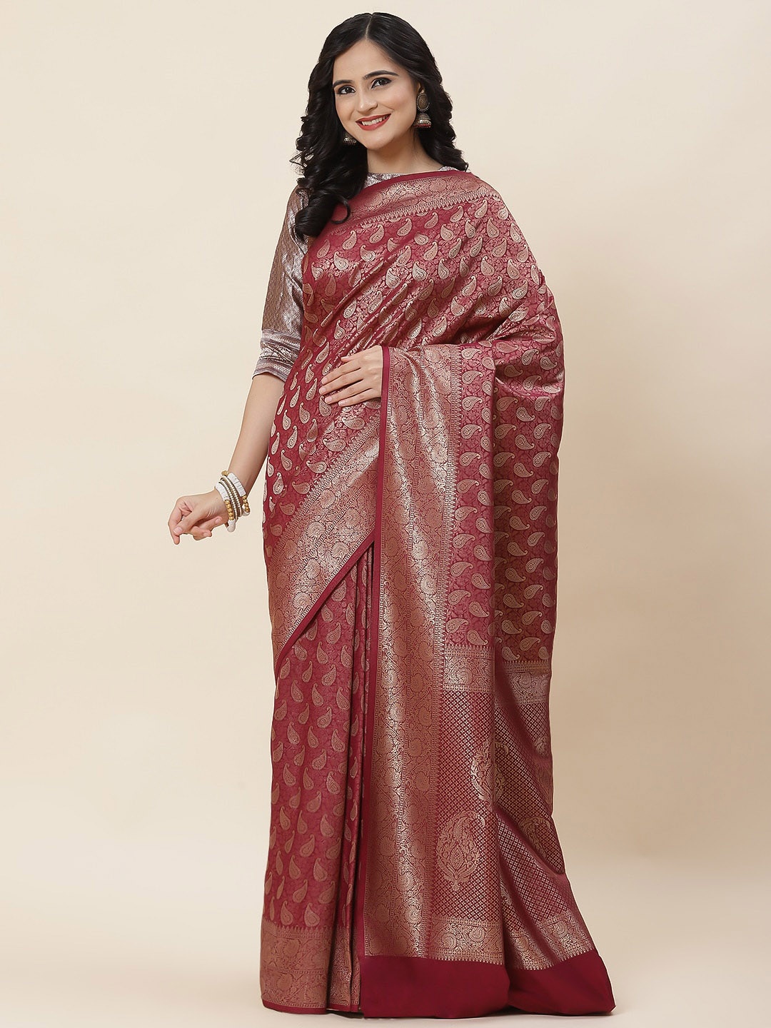 

Meena Bazaar Ethnic Motif Woven Design Zari Saree, Maroon