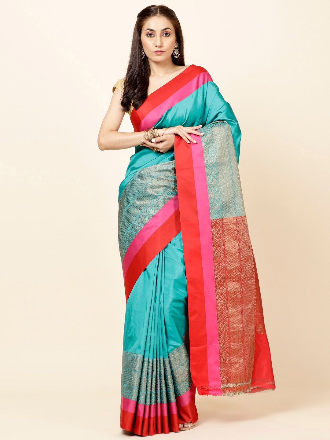 

Meena Bazaar Ethnic Motifs Woven Design Saree, Blue