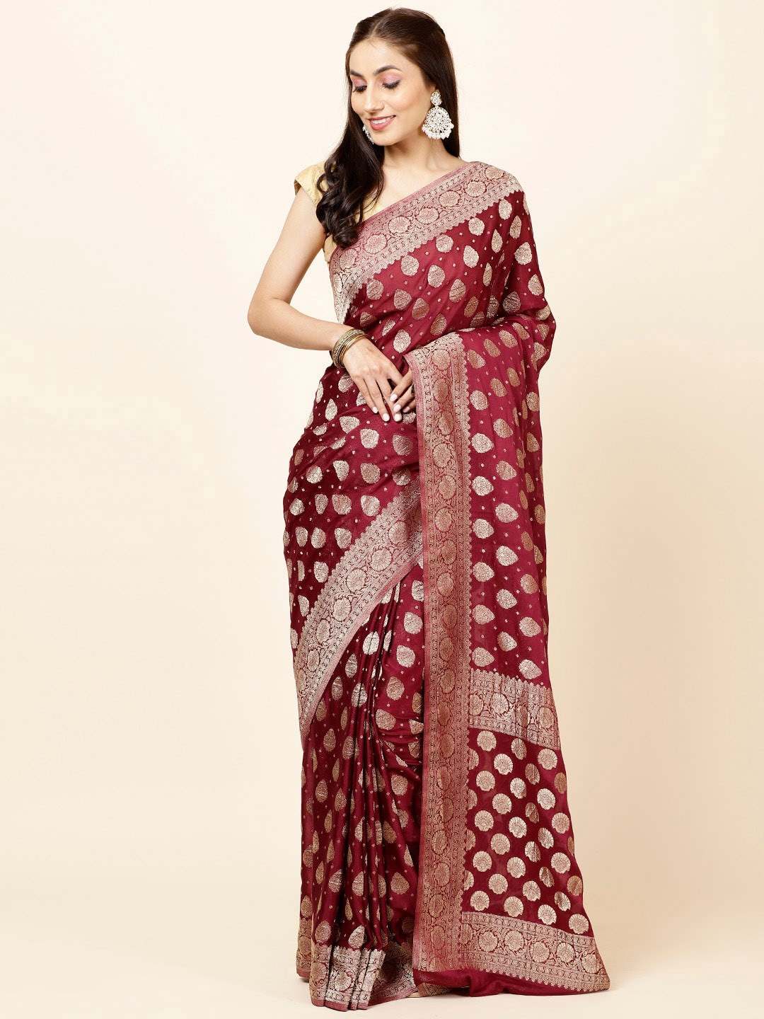 

Meena Bazaar Ethnic Motifs Woven Design Zari Saree, Burgundy