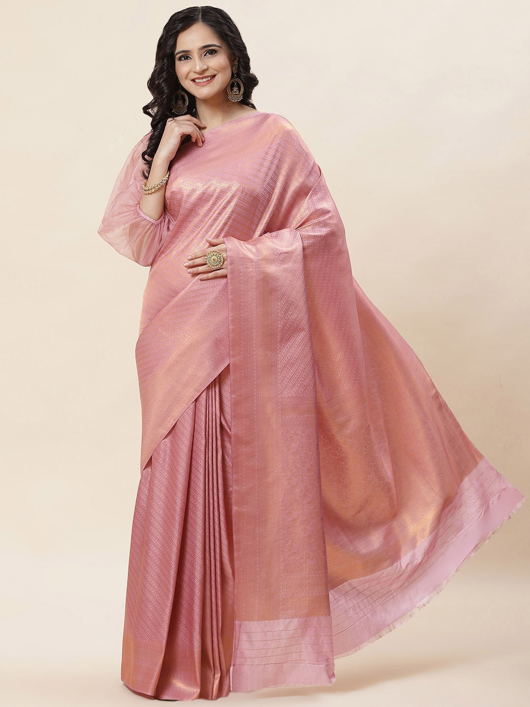 

Meena Bazaar Ethnic Motifs Woven Design Zari Art Silk Saree, Pink