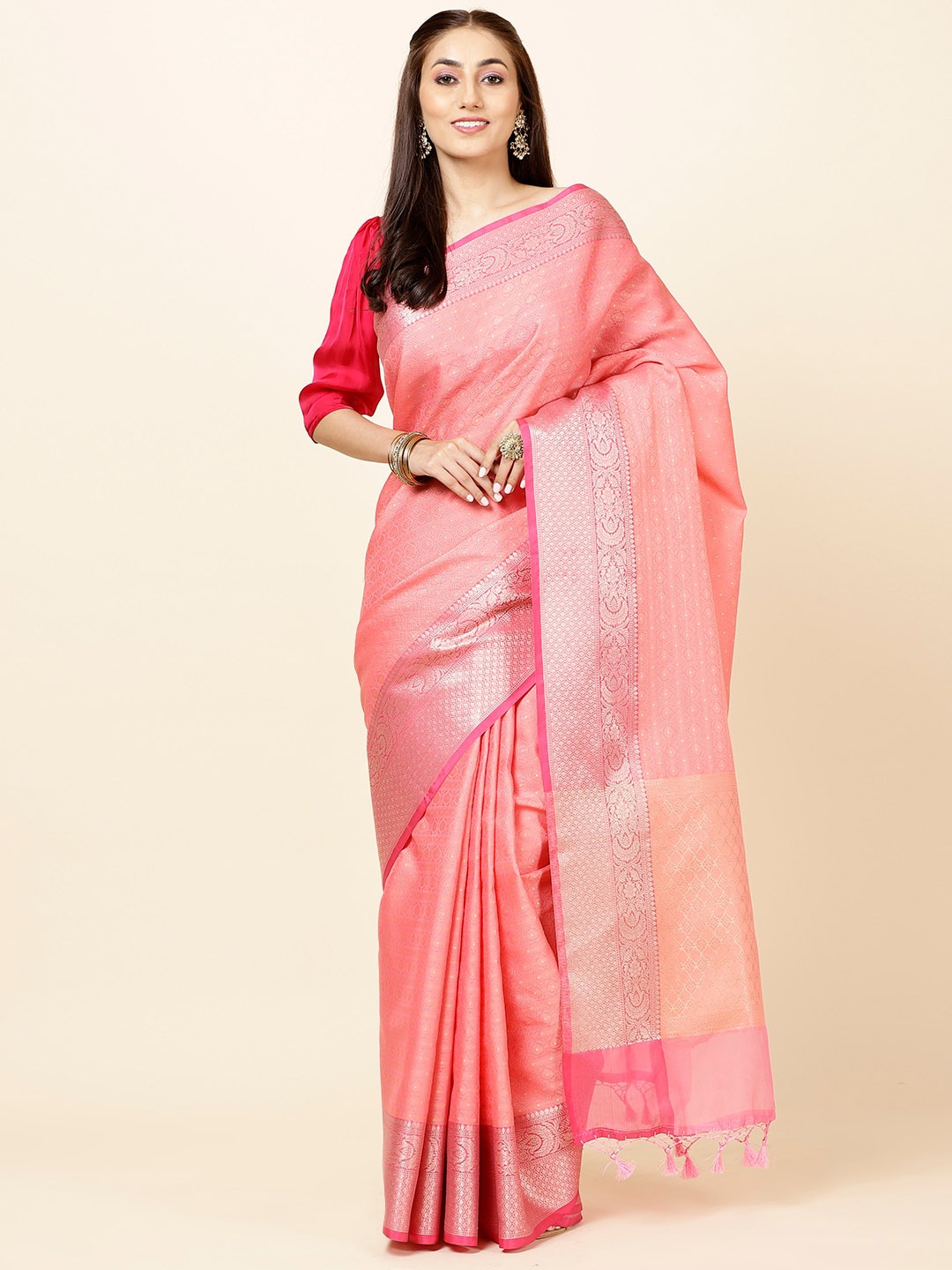 

Meena Bazaar Ethnic Motifs Woven Design Zari Saree, Peach