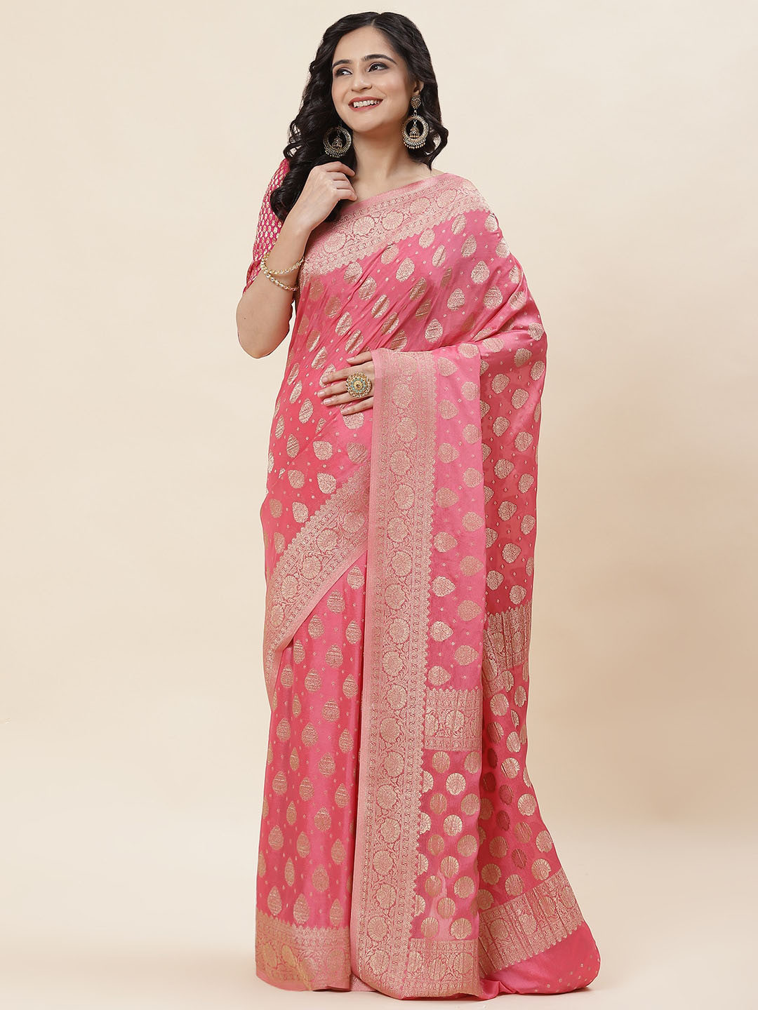 

Meena Bazaar Woven Design Zari Saree, Rose