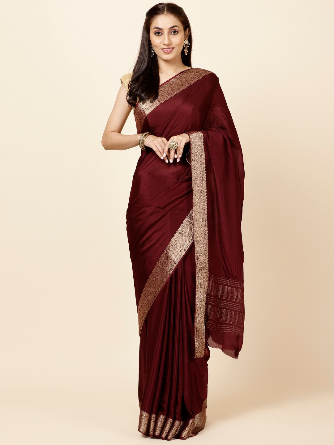 

Meena Bazaar Zari Poly Crepe Saree, Maroon