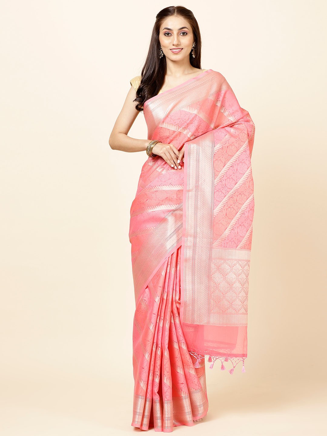 

Meena Bazaar Ethnic Motif Woven Design Zari Saree, Pink