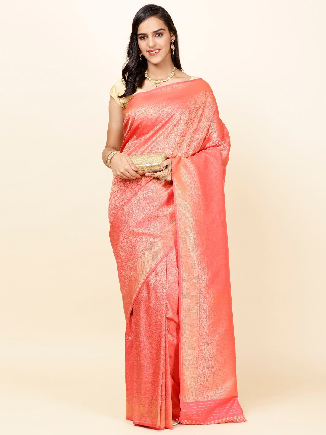 

Meena Bazaar Woven Design Zari Saree, Pink