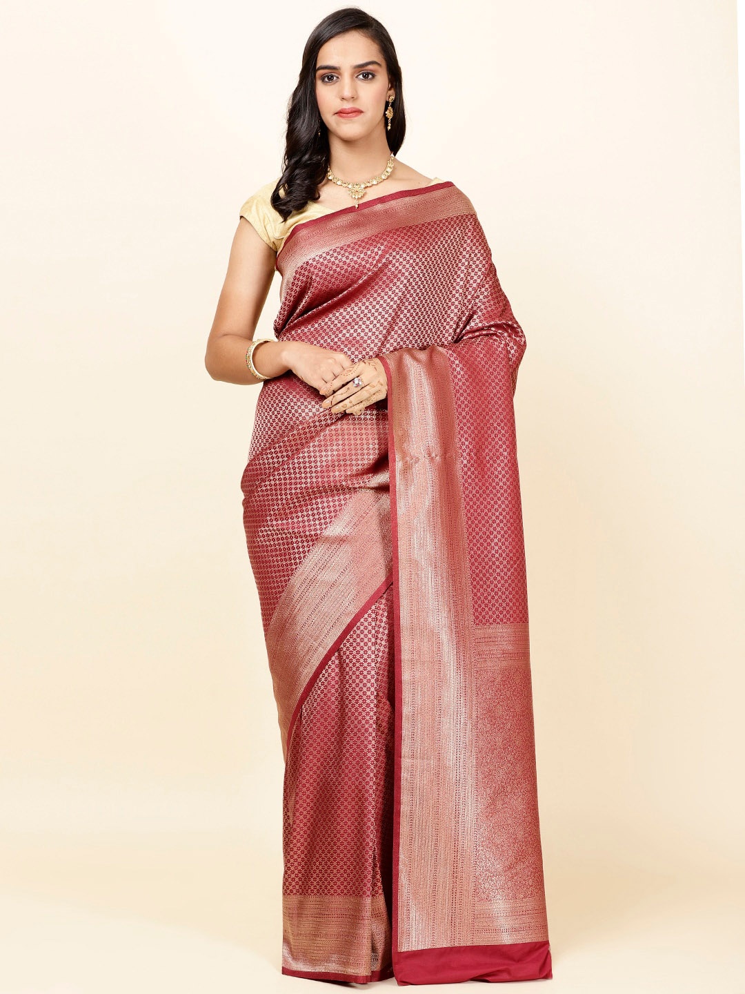 

Meena Bazaar Ethnic Motifs Woven Design Zari Saree, Maroon