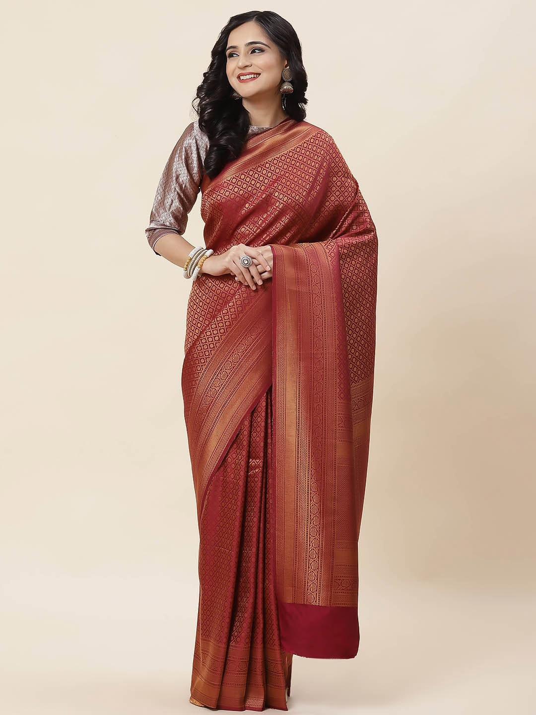 

Meena Bazaar Ethnic Motifs Woven Design Zari Saree, Burgundy