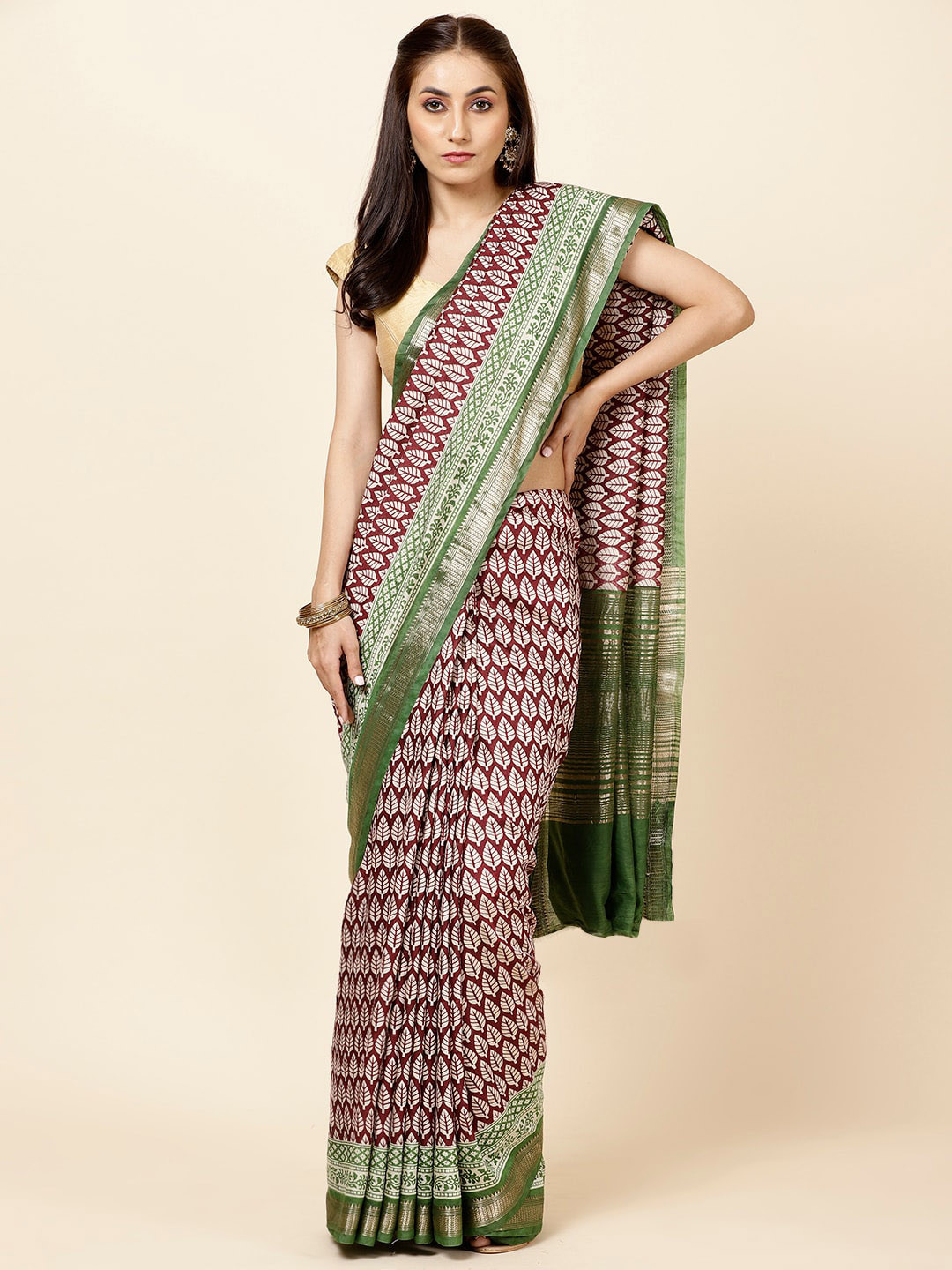 

Meena Bazaar Ethnic Motifs Printed Zari Saree, Red