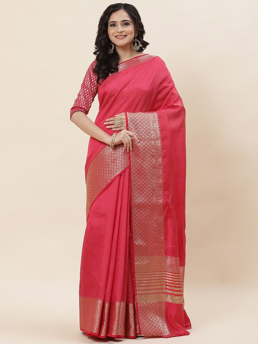 

Meena Bazaar Zari Detailed Saree, Pink