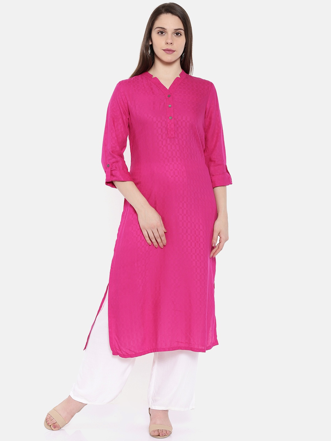 

Global Desi Women Pink Solid Straight Kurta