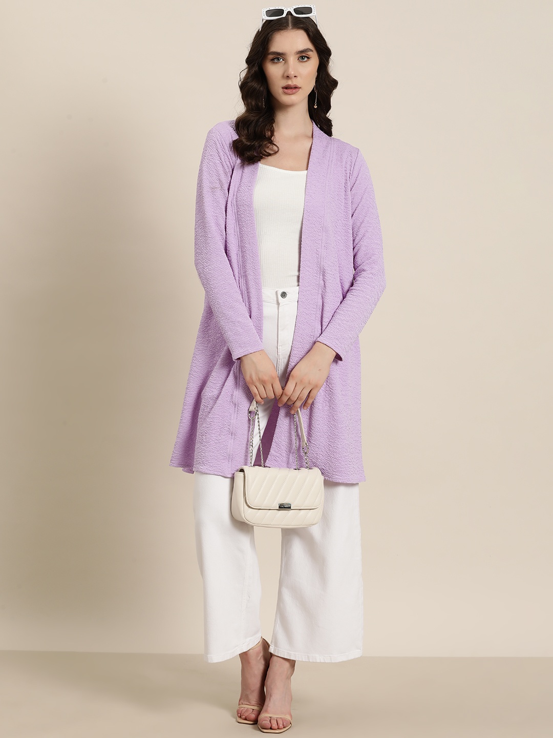 

Qurvii Solid Longline Shrug, Lavender