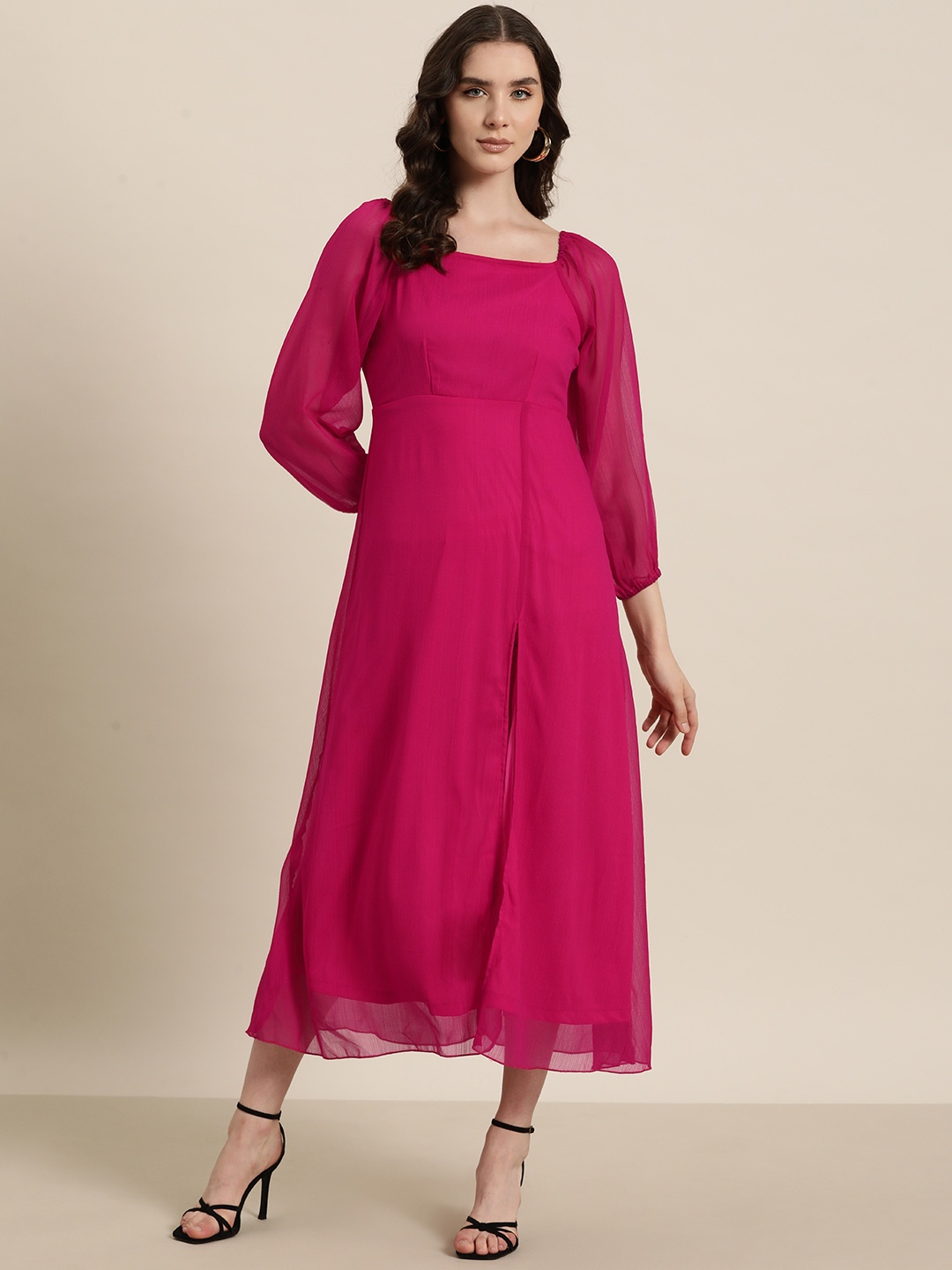 

Qurvii Magenta Puff Sleeve Georgette A-Line Midi Dress