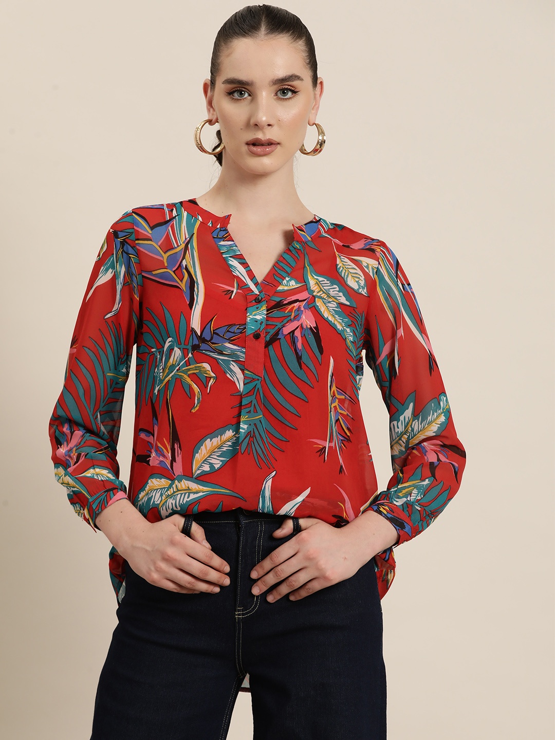 

Qurvii Tropical Print Mandarin Collar Georgette Top, Multi