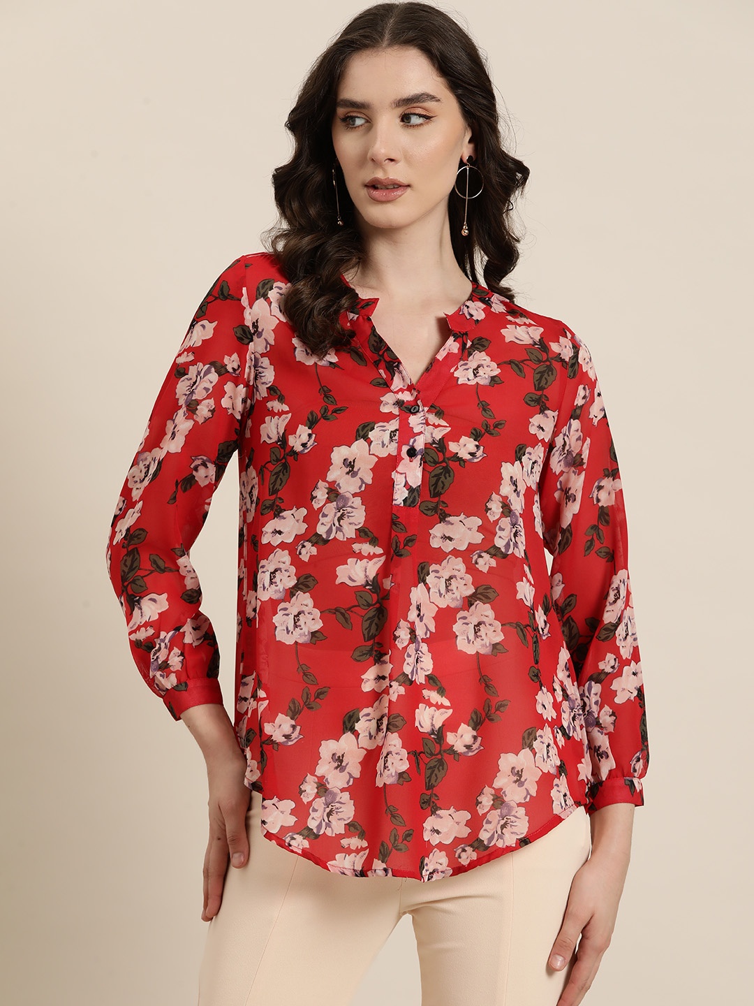 

Qurvii Floral Print Mandarin Collar Georgette Top, Red