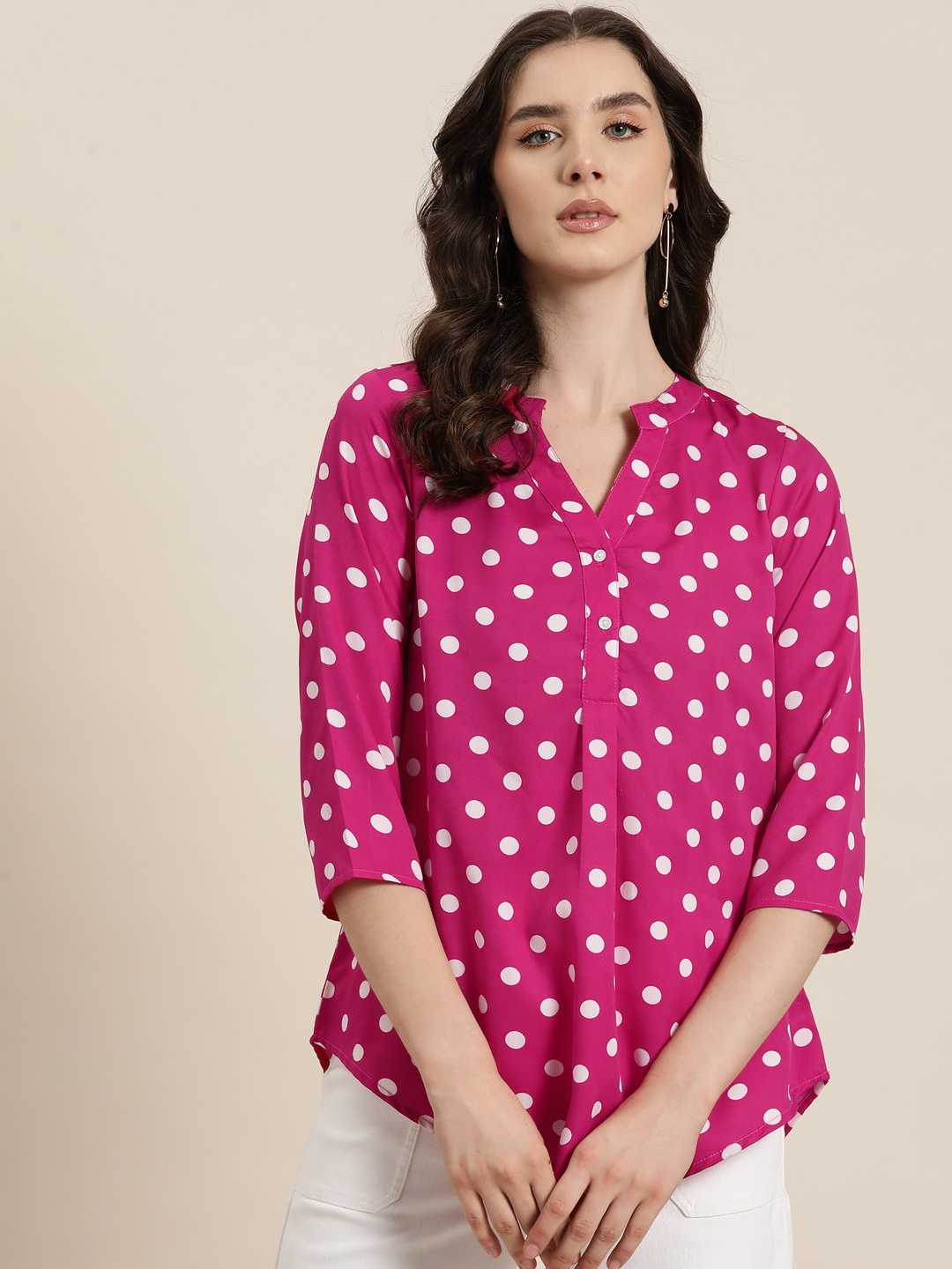 

Qurvii Polka Dot Print Mandarin Collar Top, Pink