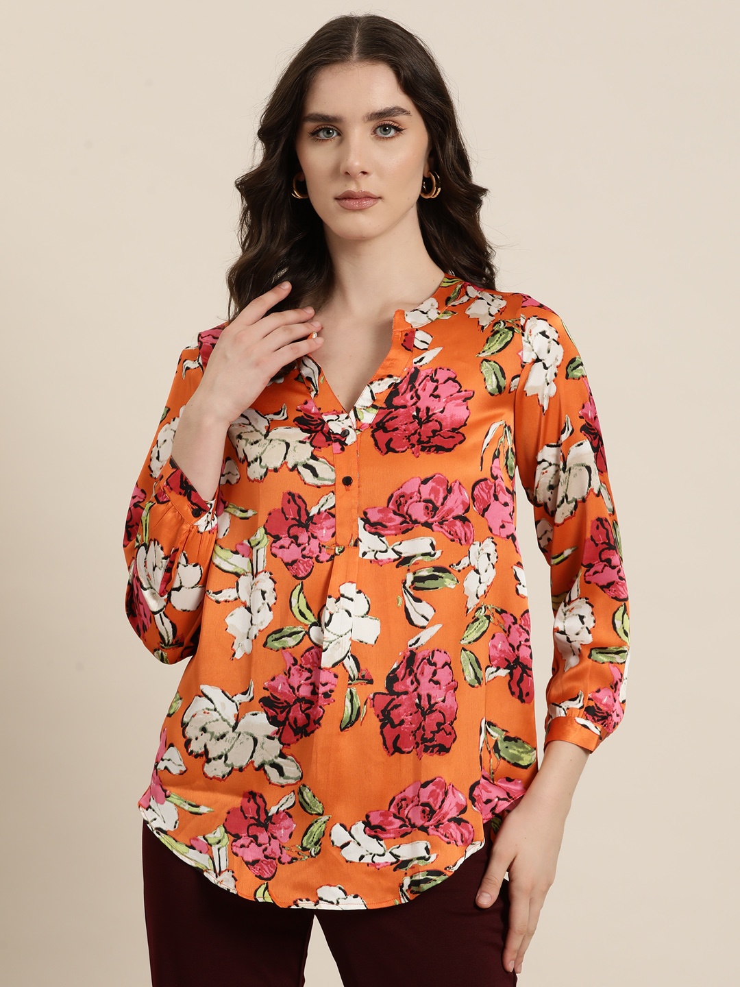 

Qurvii Floral Print Mandarin Collar Satin Top, Orange