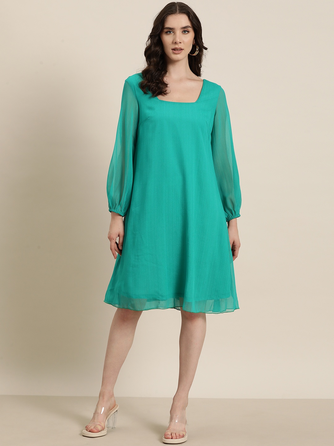 

Qurvii Green Puff Sleeve Georgette A-Line Dress