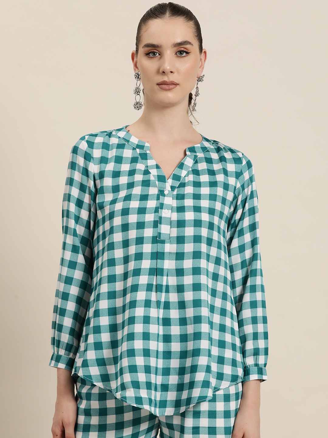 

Qurvii Checked Mandarin Collar Puff Sleeve Crepe Top, Blue