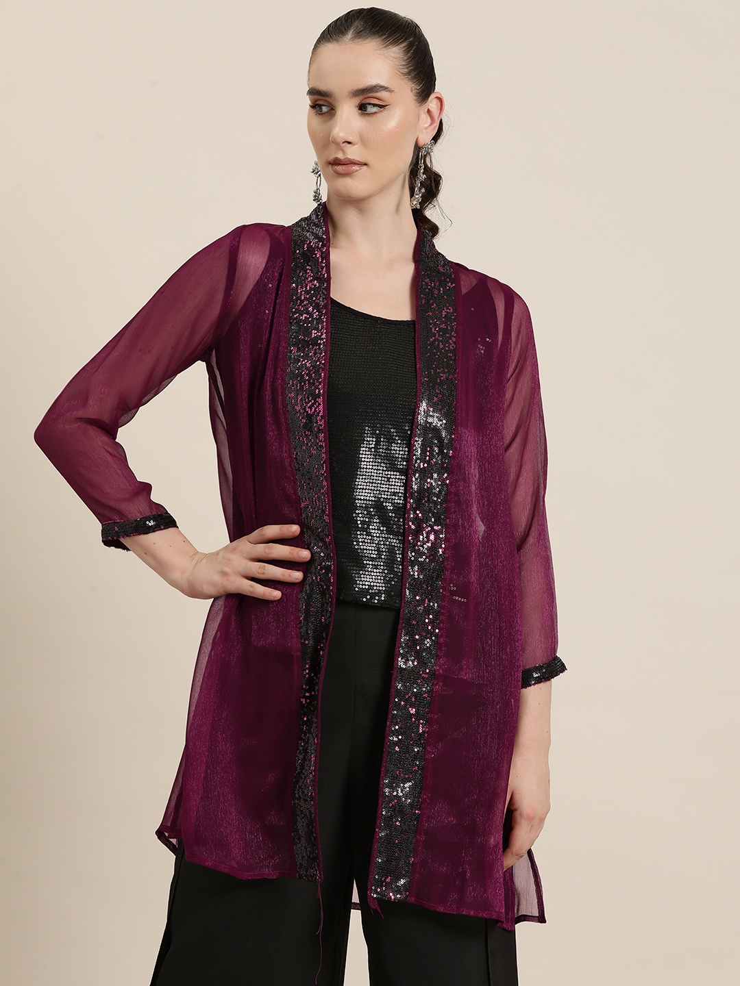 

Qurvii Party Embellished Longline Shrug, Burgundy