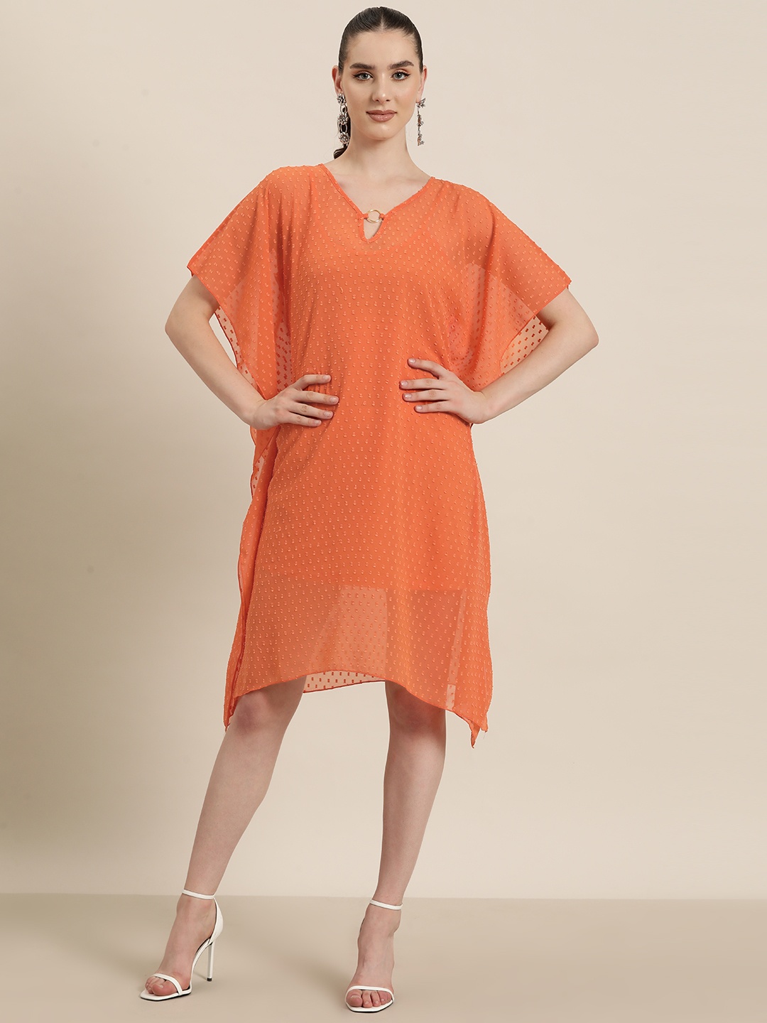 

Qurvii Orange Keyhole Neck Flutter Sleeve Georgette Kaftan Dress