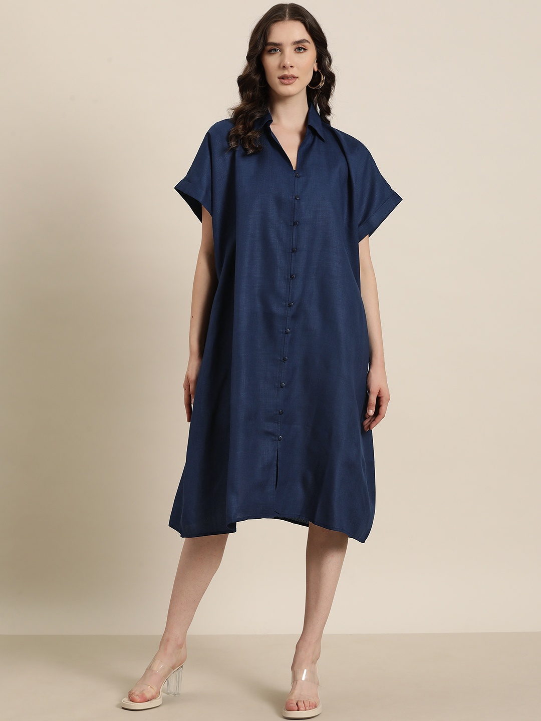 

Qurvii Cotton Slub Oversize Kimono Sleeve Shirt Midi Dress, Blue