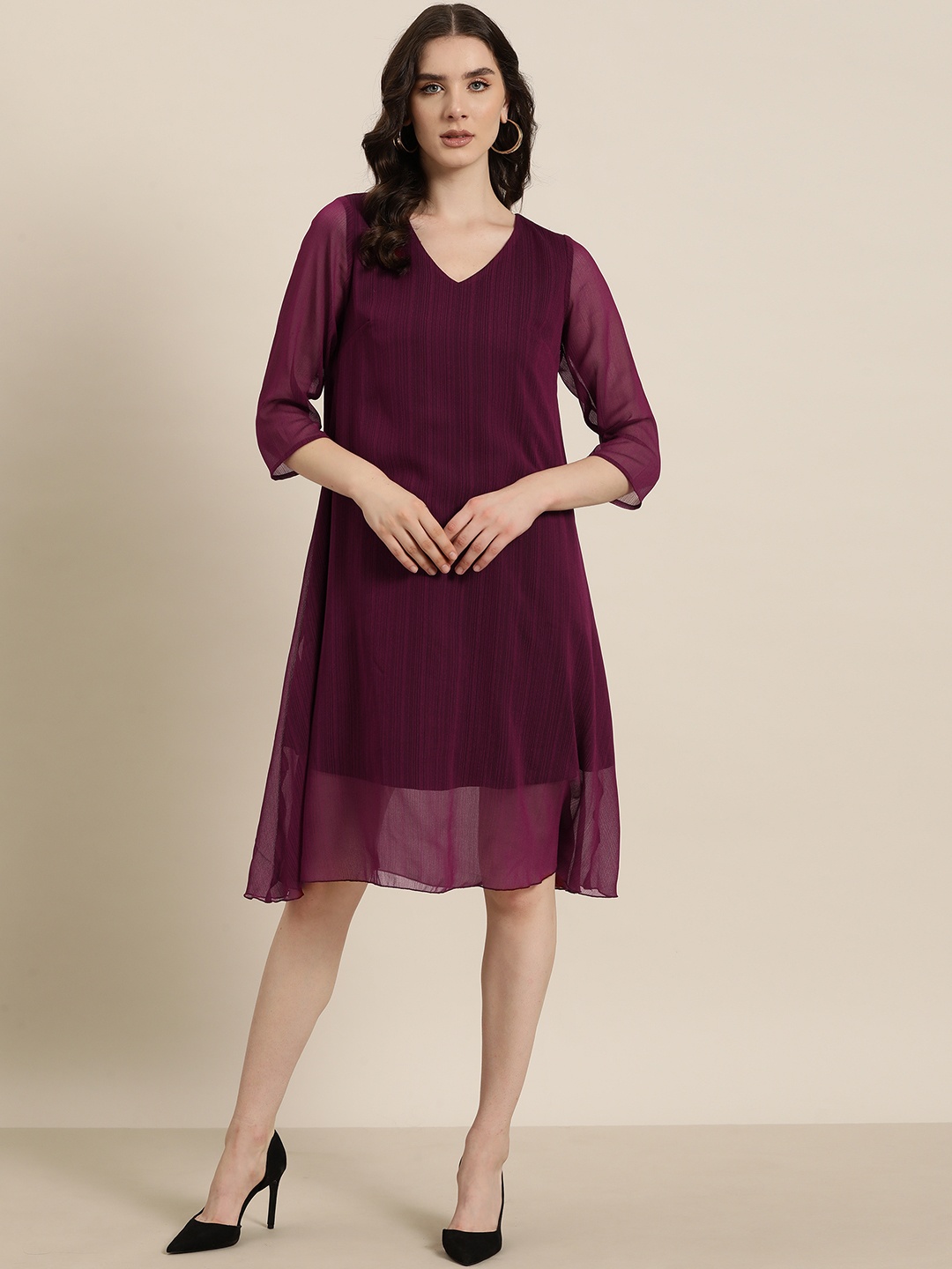 

Qurvii Burgundy Georgette A-Line Dress