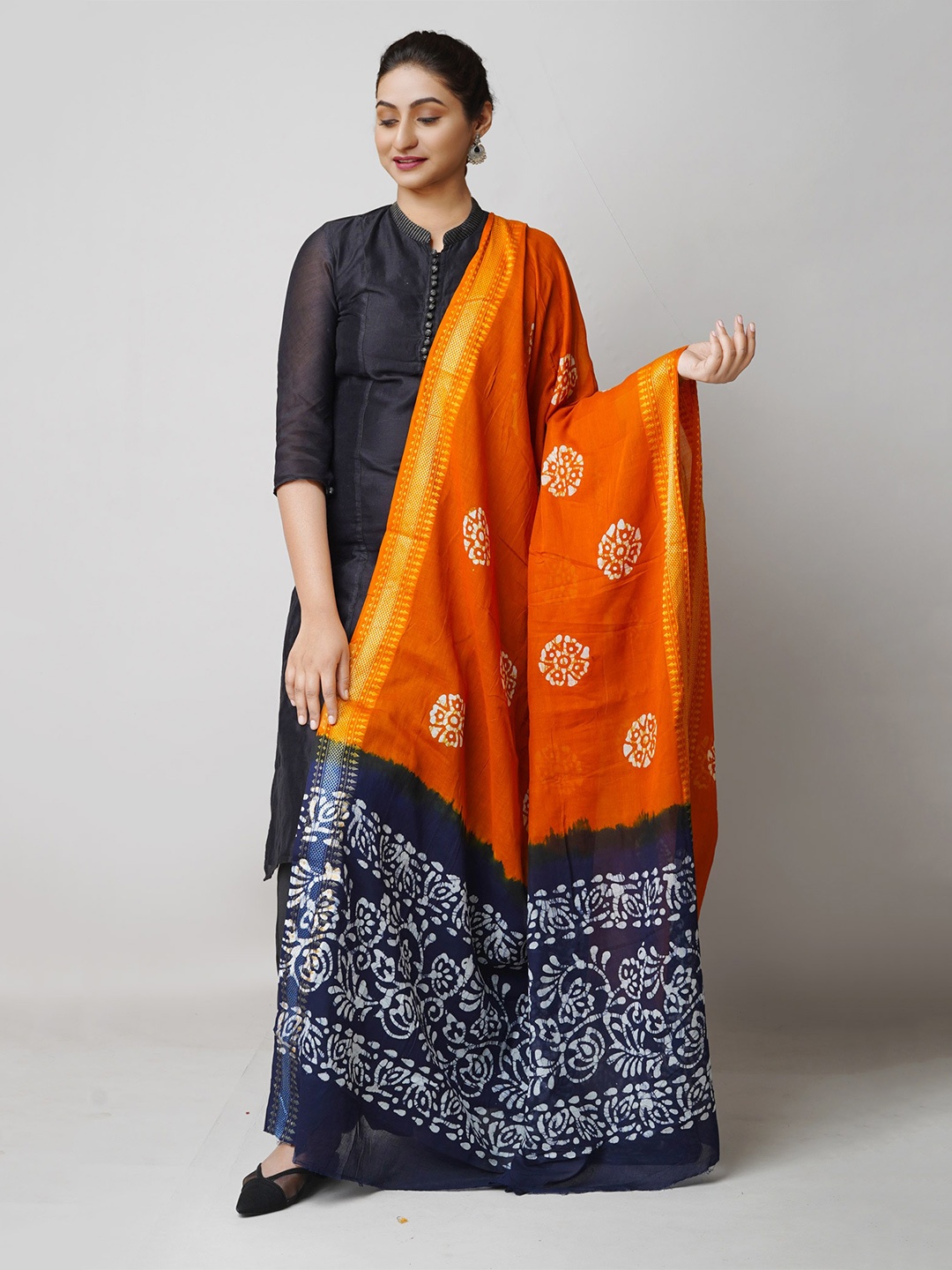 

Unnati Silks Ethnic Motifs Printed Pure Cotton Batik Dupatta with Zari, Orange