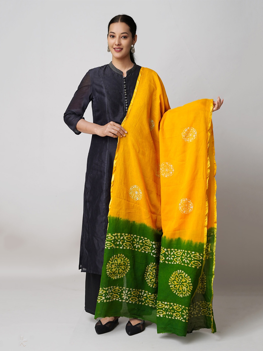 

Unnati Silks Ethnic Motifs Printed Pure Cotton Batik Dupatta with Zari, Yellow