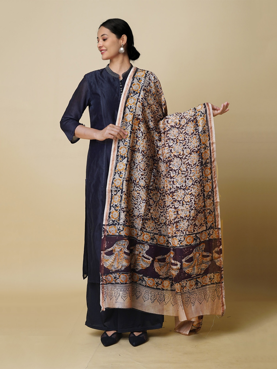 

Unnati Silks Ethnic Motifs Printed Chanderi Kalamkari Dupatta, Beige