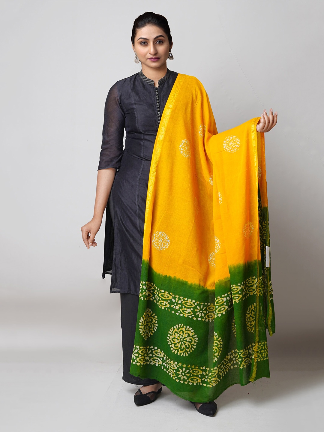 

Unnati Silks Ethnic Motifs Printed Pure Cotton Batik Dupatta With Zari, Yellow
