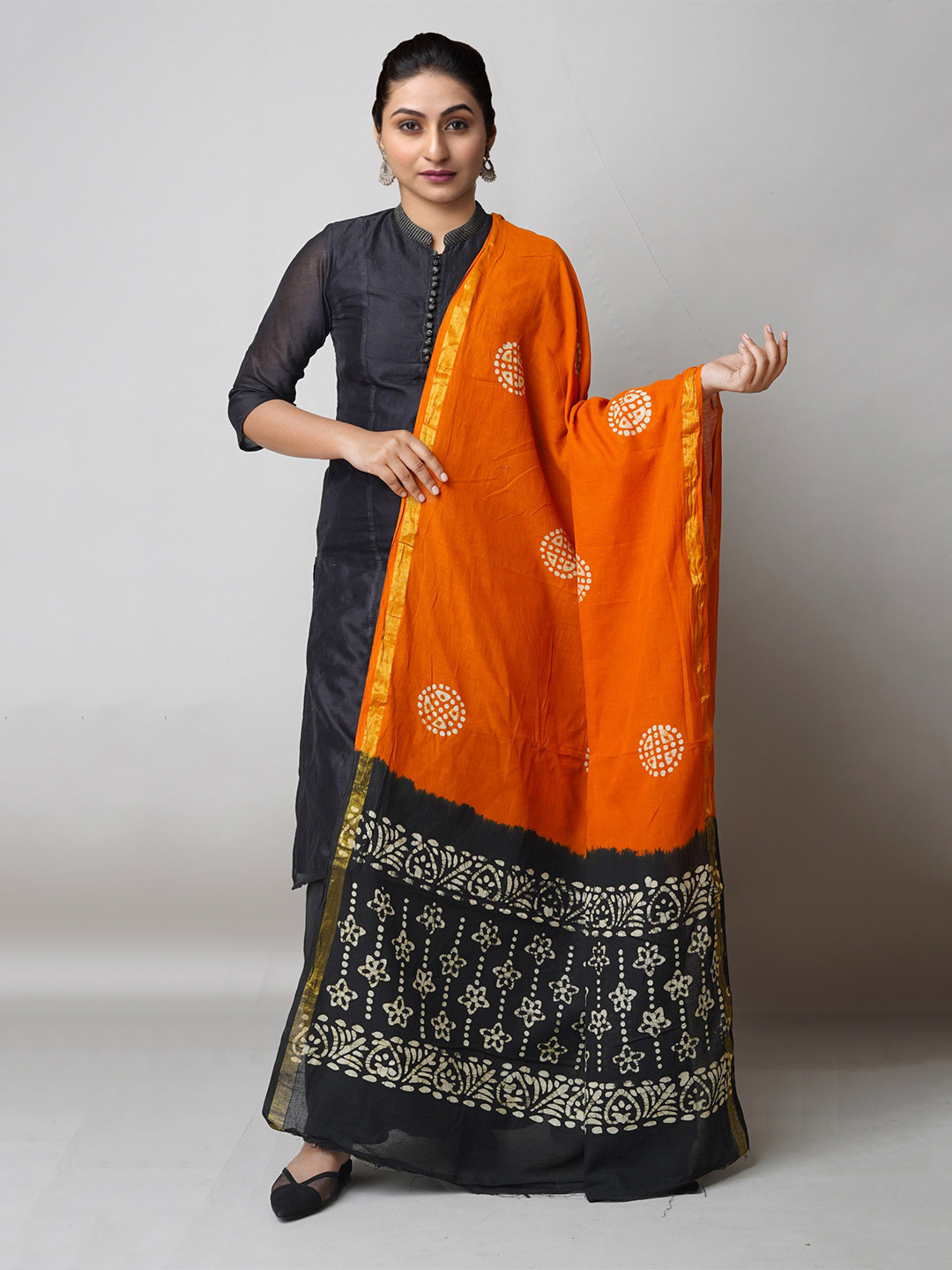 

Unnati Silks Ethnic Motifs Printed Pure Cotton Batik Dupatta with Zari, Orange