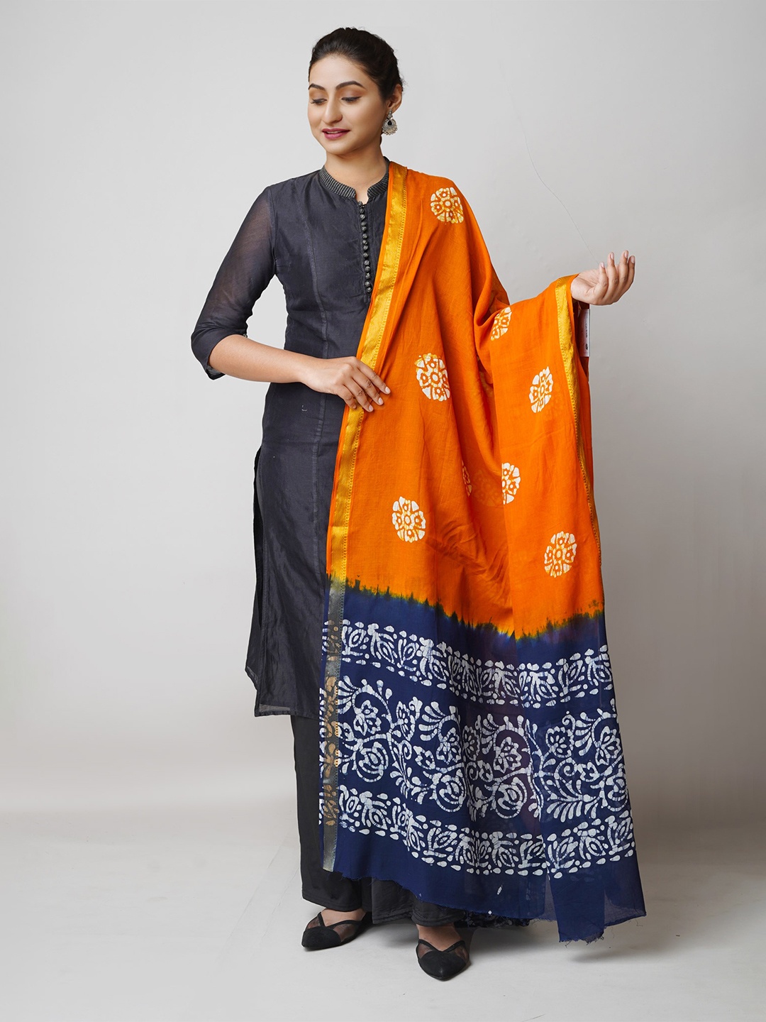 

Unnati Silks Ethnic Motifs Printed Pure Cotton Batik Dupatta, Orange