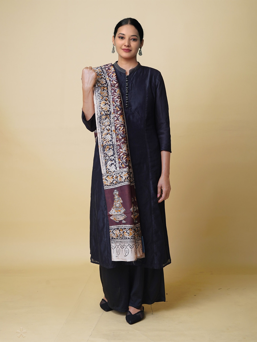 

Unnati Silks Ethnic Motifs Block Printed Chanderi Kalamkari Dupatta, Beige