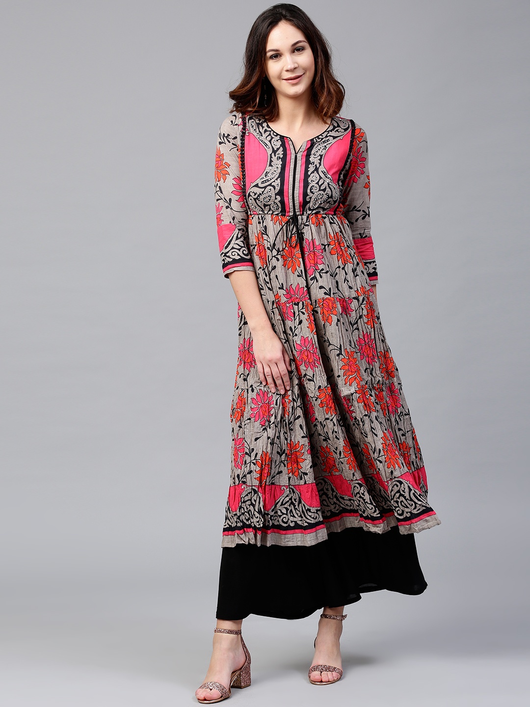 

Rain & Rainbow Women Grey & Pink Printed Anarkali Kurta