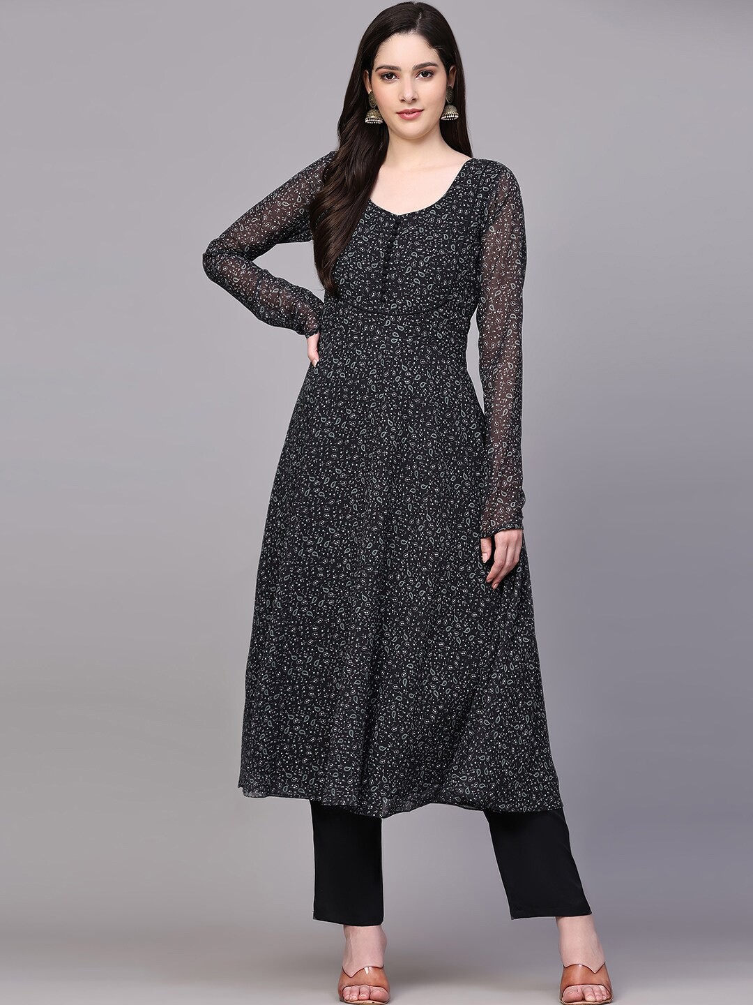 

BLACK SCISSOR Ethnic Motifs Printed Georgette Kurta With Trousers