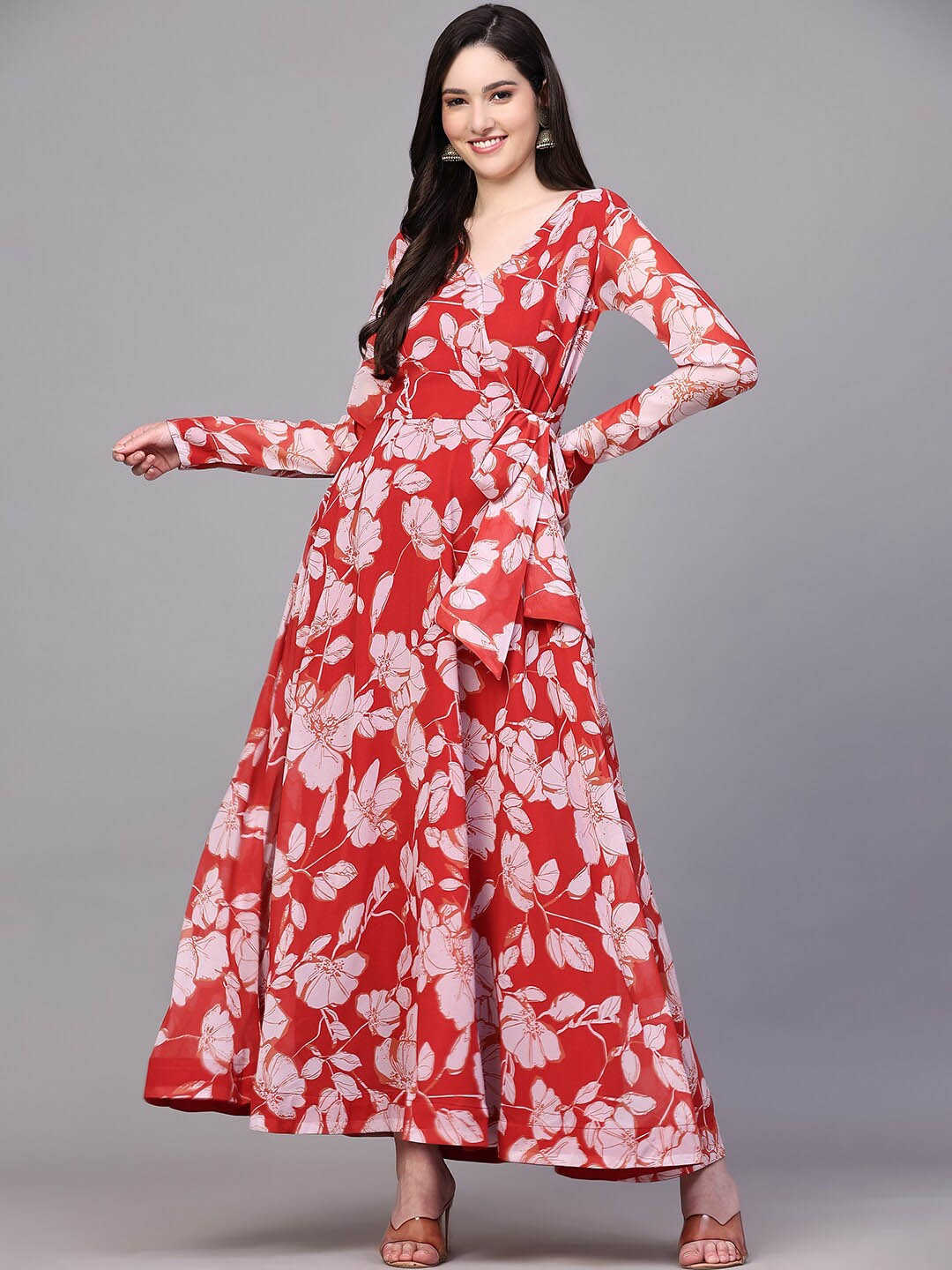 

BLACK SCISSOR Floral Printed V-Neck Georgette Wrap Maxi Dress, Red