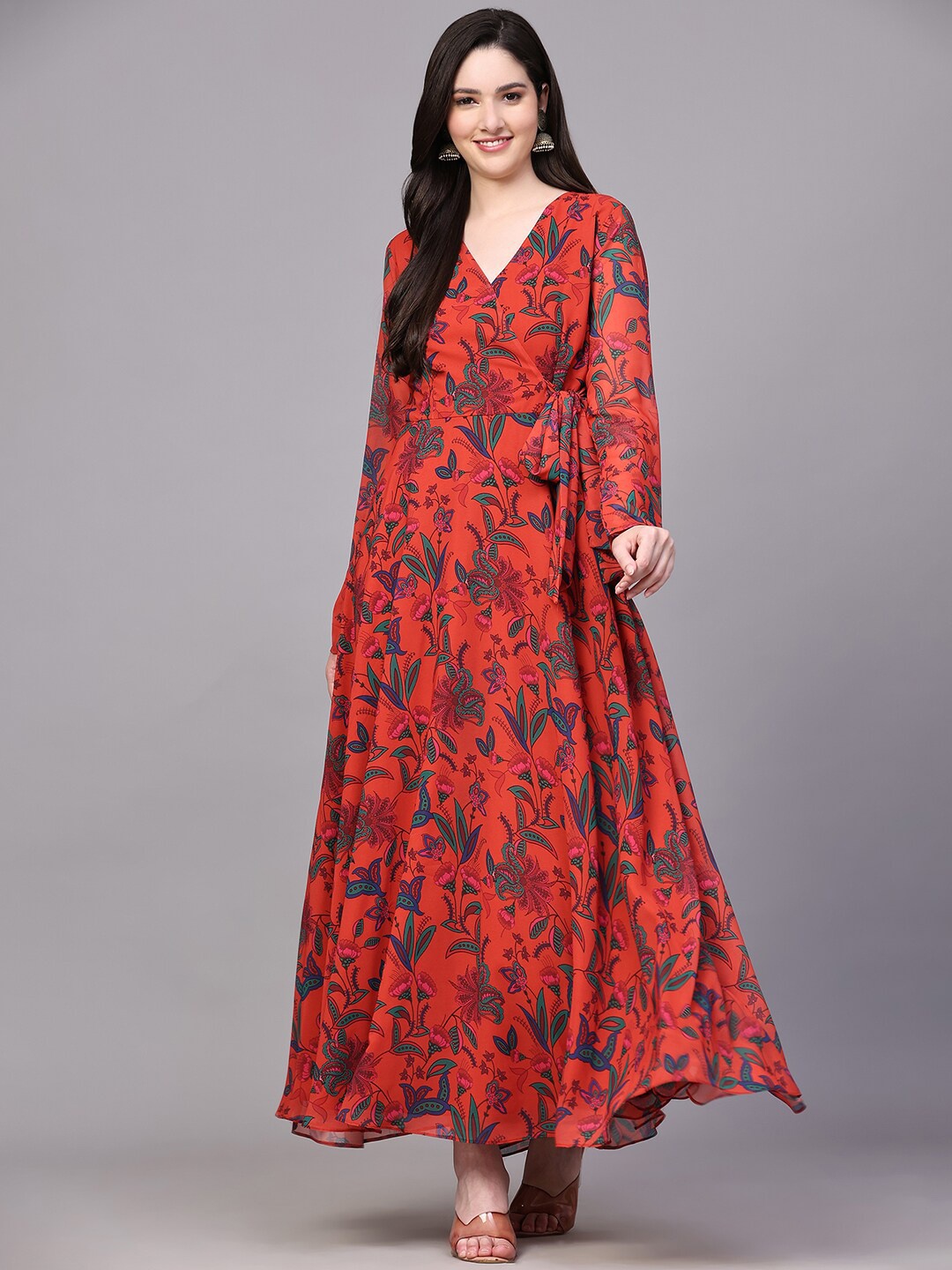 

BLACK SCISSOR Floral Printed V-Neck Georgette Wrap Maxi Dress, Red