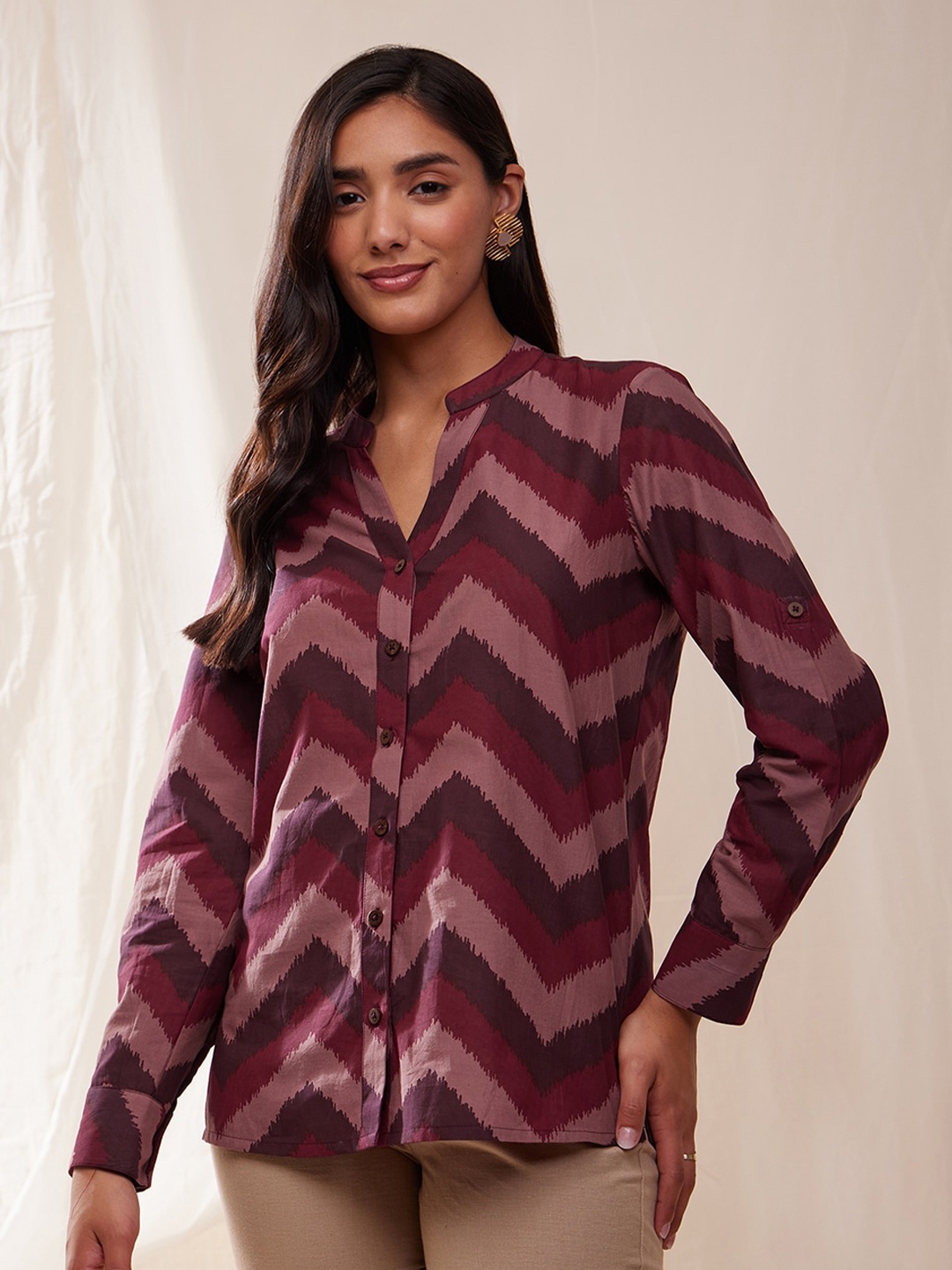 

Pink Fort Chevron Printed Mandarin Collar Cuffed Sleeves Cotton Top