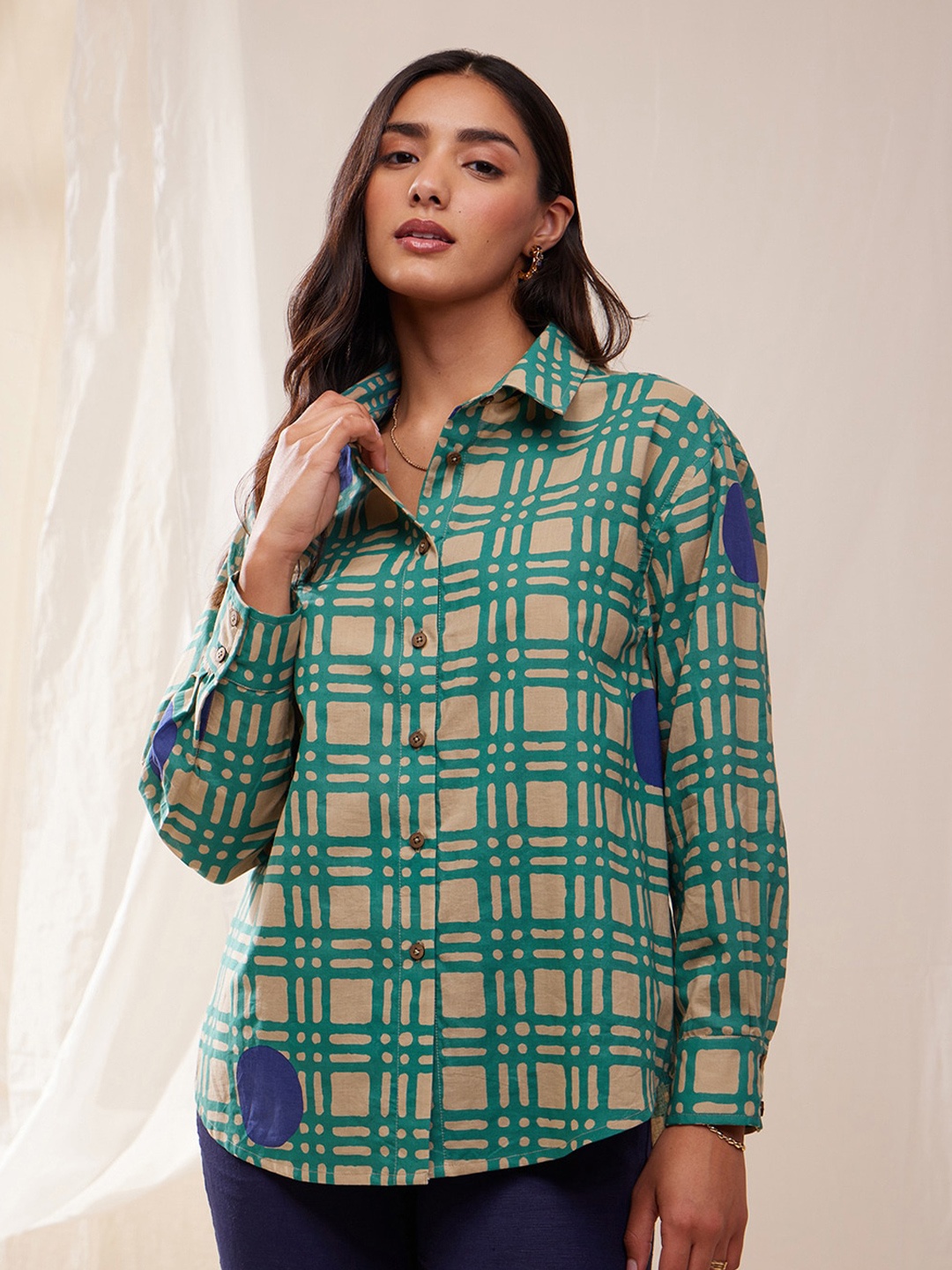 

Pink Fort Checked Pure Cotton Cuffed Sleeves Shirt Style Top, Beige