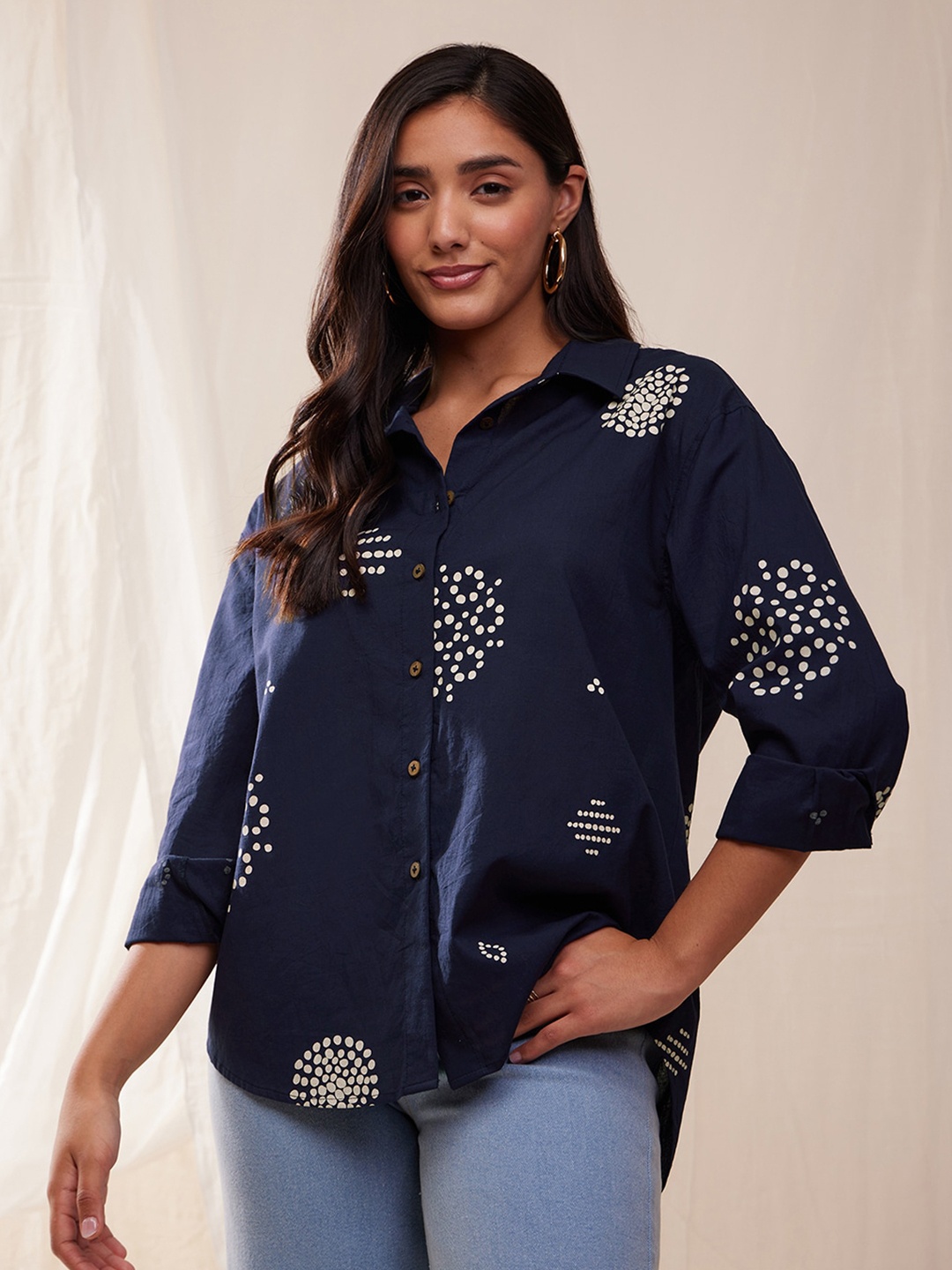 

Pink Fort Floral Printed Cuffed Sleeves Pure Cotton Shirt Style Top, Blue