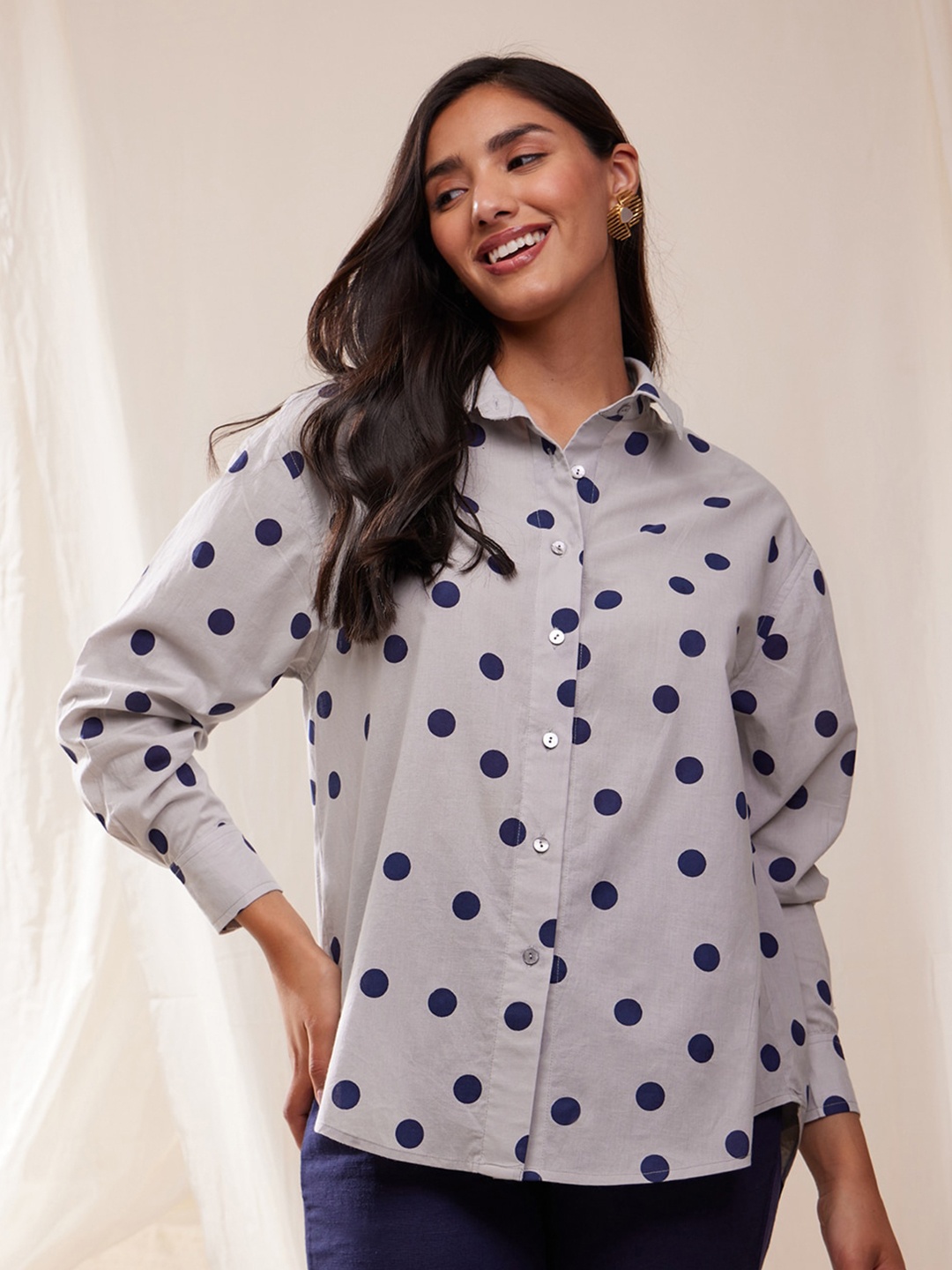 

Pink Fort Polka Dot Printed Cuffed Sleeves Pure Cotton Shirt Style Top, Grey